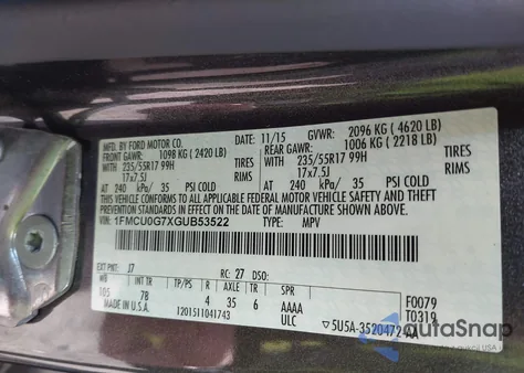 2016 Ford Escape Se from USA, damaged, VIN 1FMCU0G7XGUB53522